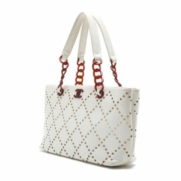 Authentic CHANEL CC Caviar Perforated Bekko Chain Tote White Red Shoulder Bag - Picture 4 of 8